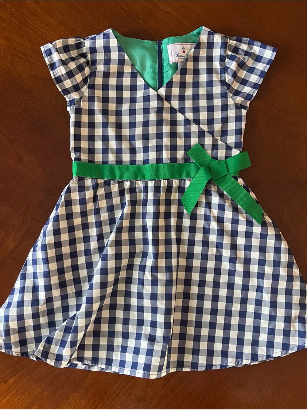 Children's Blue Gingham Dress with Green Bow